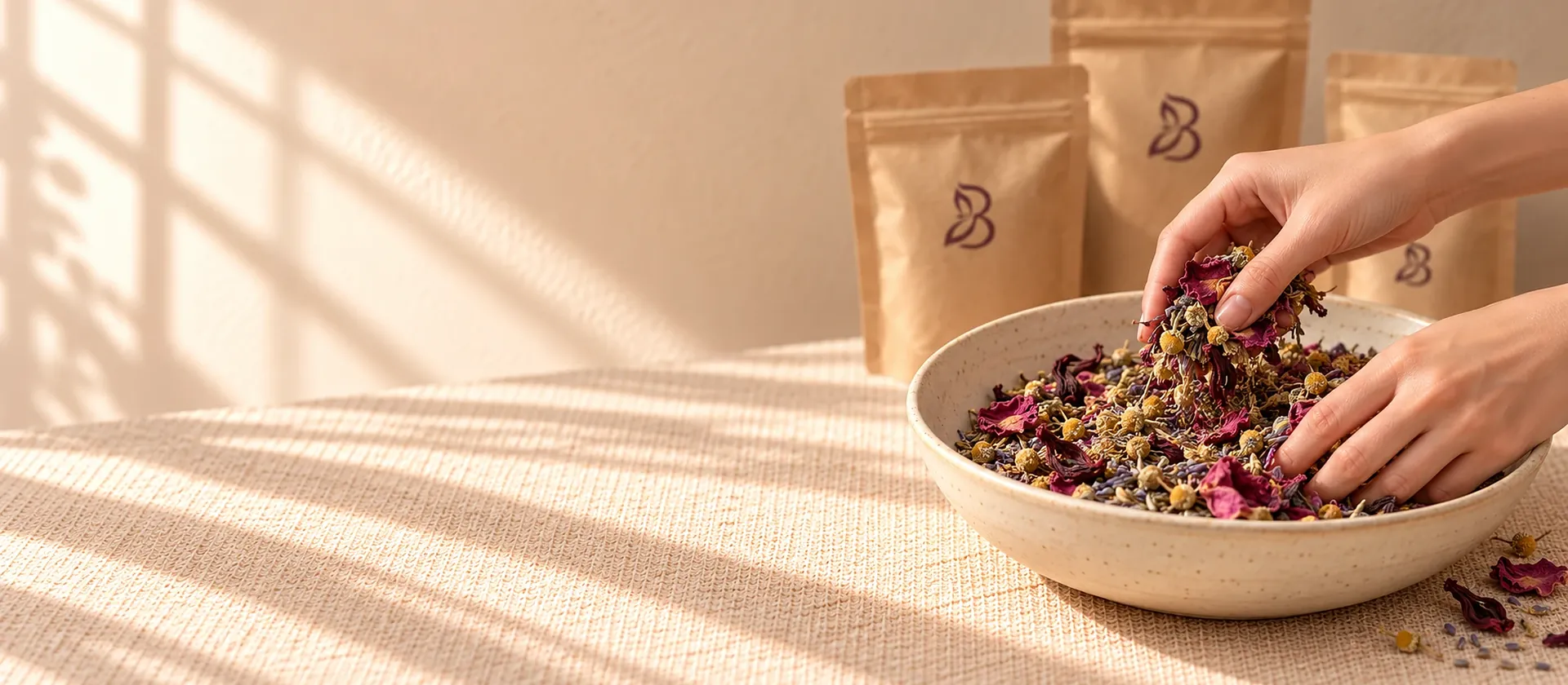Hands mixing dried rose petals, chamomile and lavender in a ceramic bowl, with Be Set To Reset pouches behind