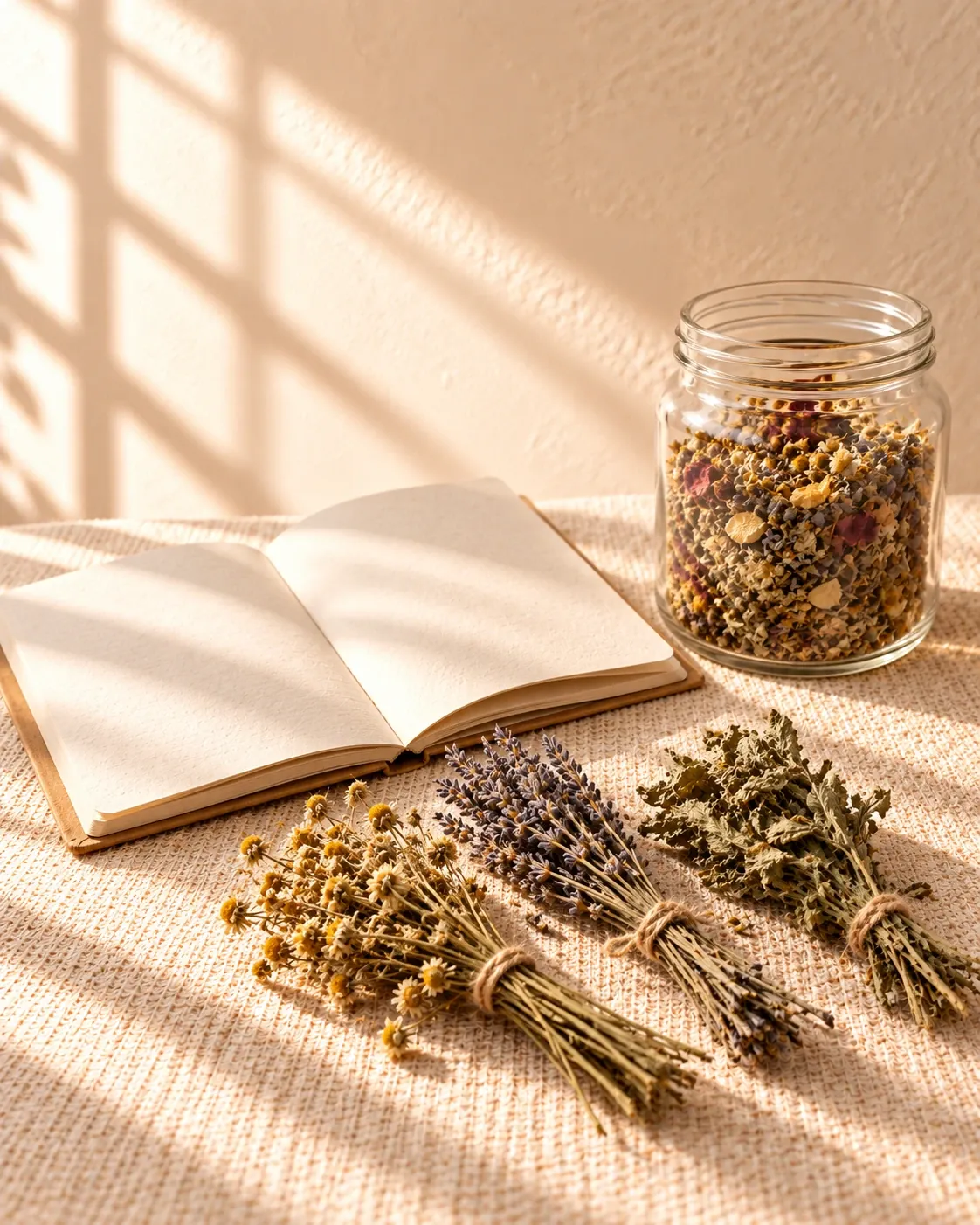 Bundles of dried chamomile, lavender and mint beside an open notebook and a jar of loose herbal tea