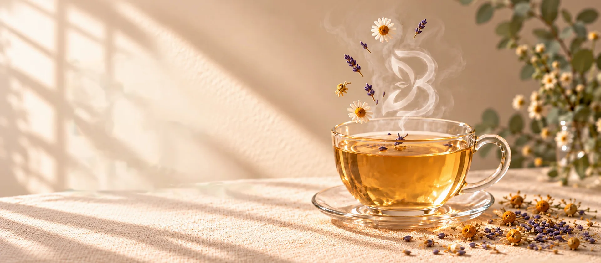Glass cup of lavender and chamomile tea on a linen table, steam rising in the shape of the Be Set To Reset logo